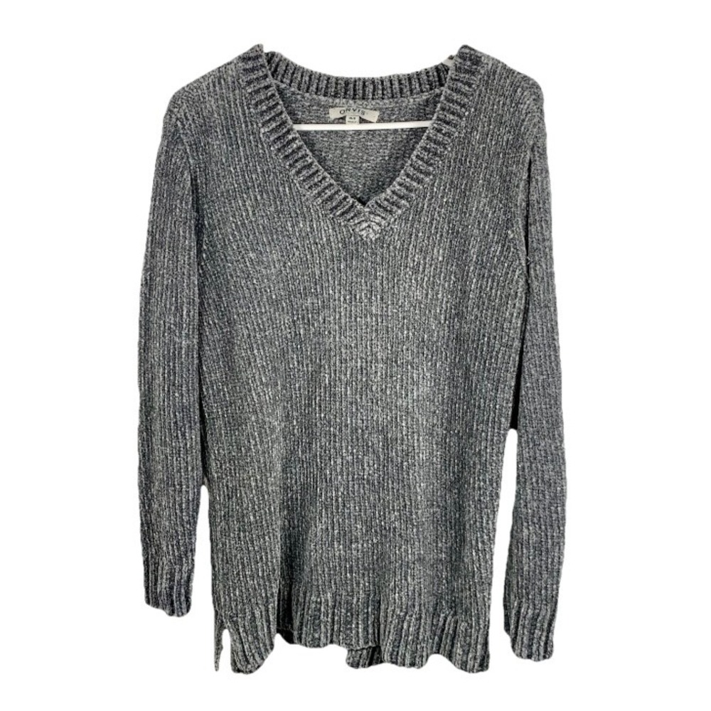 ORVIS V Neck Chenille‎ Sweater Women M Gray Soft Cozy Split Hem Tunic Classic - Picture 2 of 12